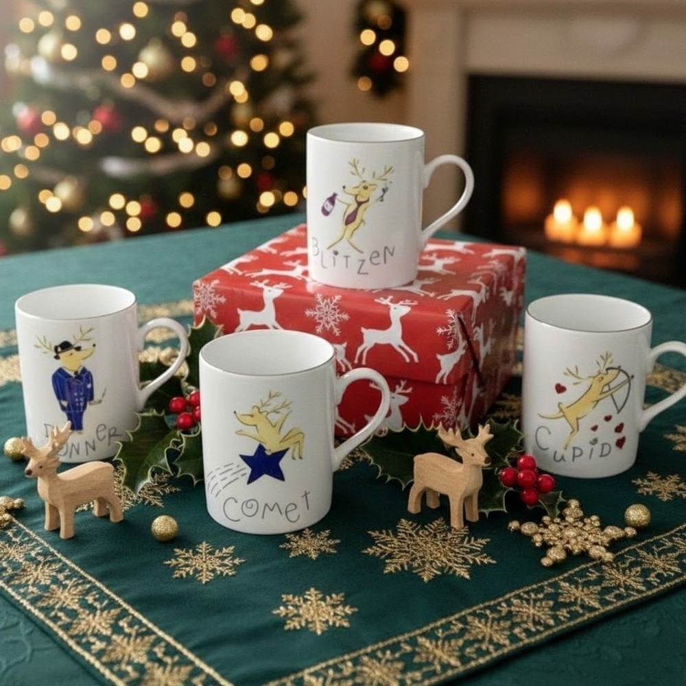 Pottery Barn Christmas Reindeer Coffee Mugs 4 Pc Set Donner Cupid Blitzen Comet